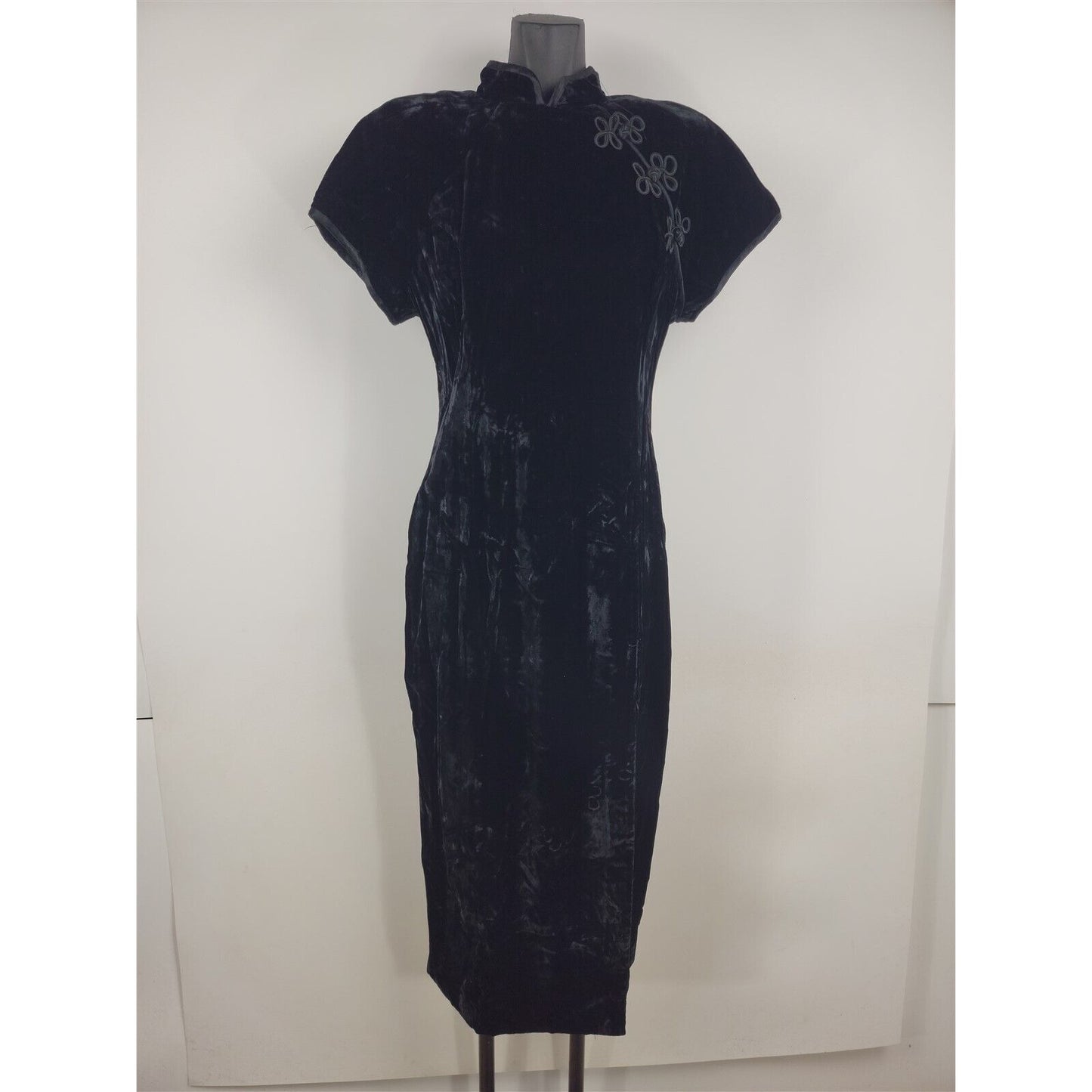 Vintage Virgo II Black Velvet Short Sleeve Maxi Dress w/ Slit Womens 12