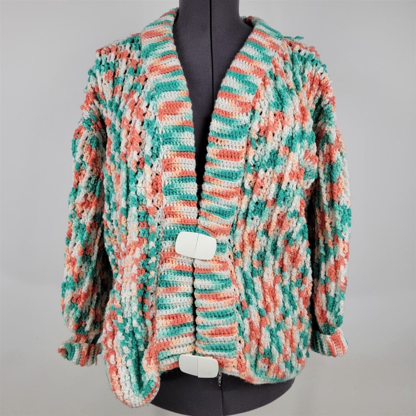 Vintage Hand Knit Crochet Cardigan Sweater Peach Turquoise White Womens Size L