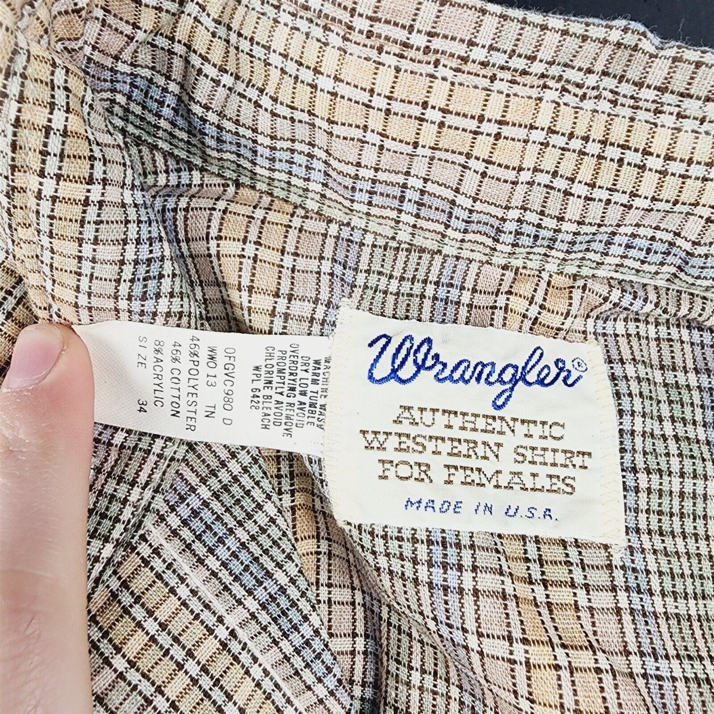 Vintage Wrangler Pastel Plaid Western Shirt Pearl Snaps Womens Size 34