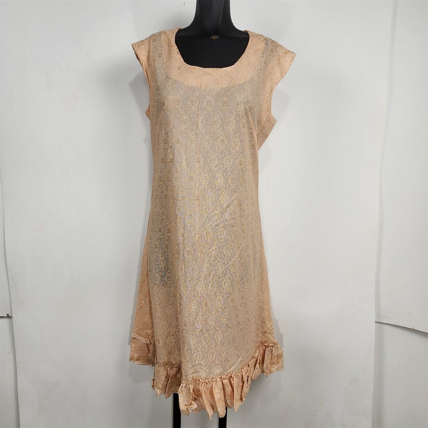 Vintage 1960s Pink Peach Lace Sheer Sleeveless Ruffle Trim Shift Dress