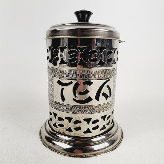 Vintage Pierced Metal Tea Caddy Art Deco Oriental Black Insert - No Spoon