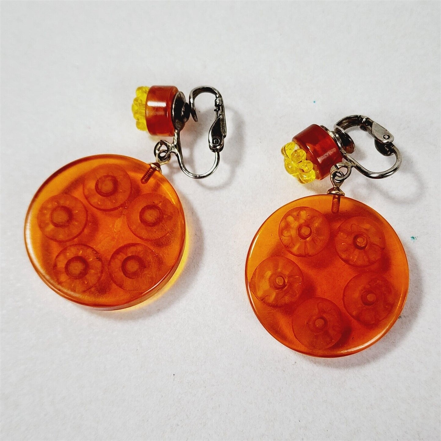 Vintage Orange & Yellow Flower Power Dangle Lucite Clip On Earrings