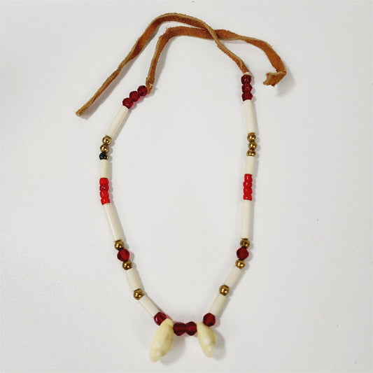 Vintage Leather Tie Bone Seashell Red Glass Beaded Necklace Native American