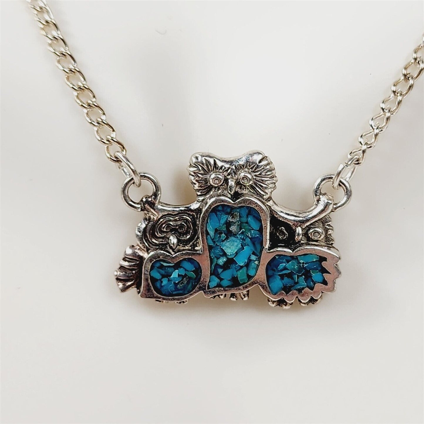 Vintage Owl Trio Crushed Turquoise Sterling Silver Necklace 16"