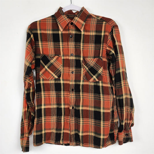 Vintage Arrow Orange Plaid Long Sleeve Rockabilly Button Up Shirt Size M