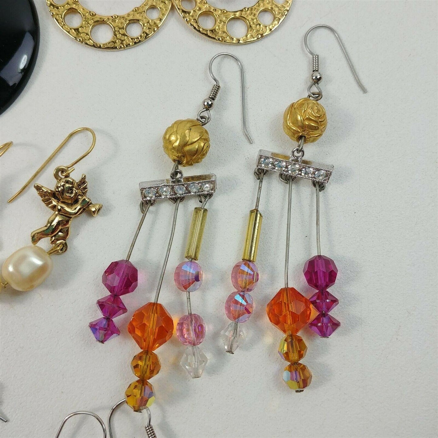 7 Pair Gold & Silver Tone Drop Dangle Earrings Costume Jewelry Lot Pink Purple