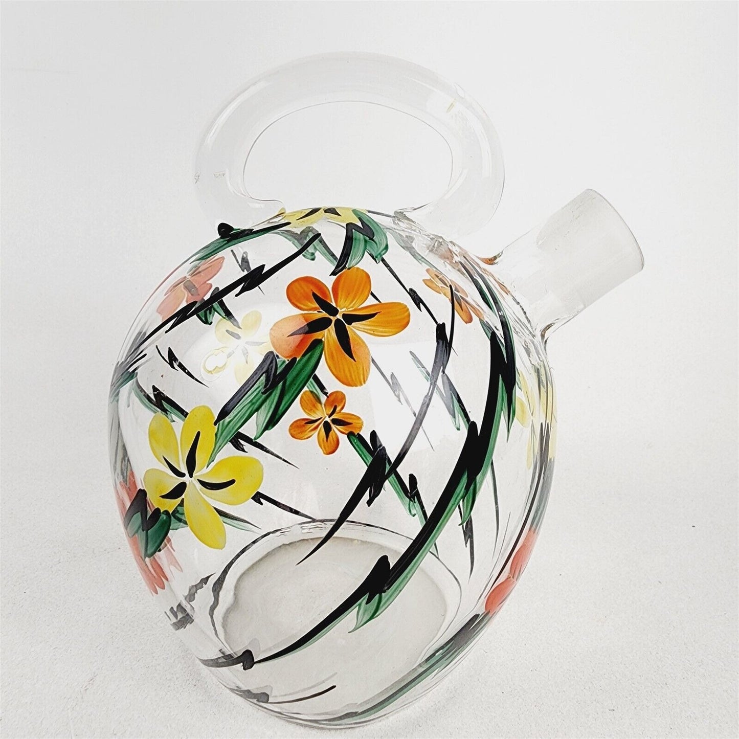 Vintage Handmade Painted Glass Decanter Set w/ Handle Floral - 7" tall