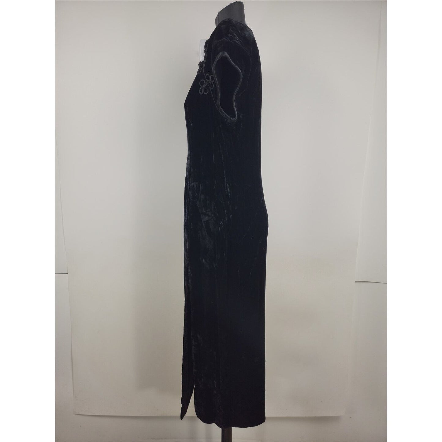 Vintage Virgo II Black Velvet Short Sleeve Maxi Dress w/ Slit Womens 12