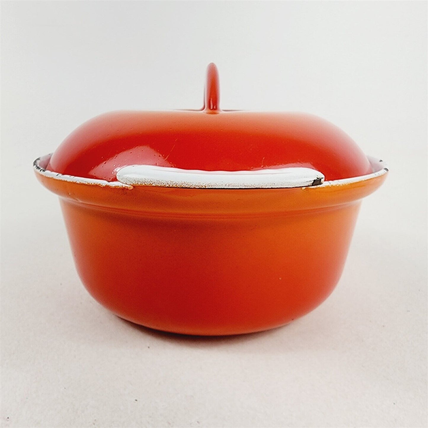 Vintage Descoware Cast Iron Enamel Orange Flame Small Pan w/ Lid Belgium 6 1/2"