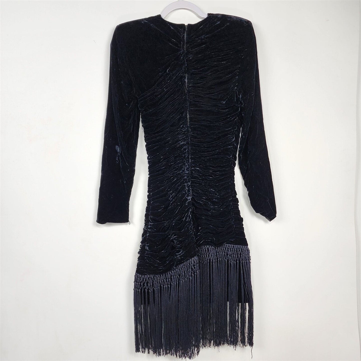 Vintage Black Velvet Rouched Bodycon Long Sleeve Dress with Fringe