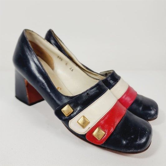 Vintage Made in Spain Red White & Blue Leather Heels Square Toe Shoes Size 6 AA