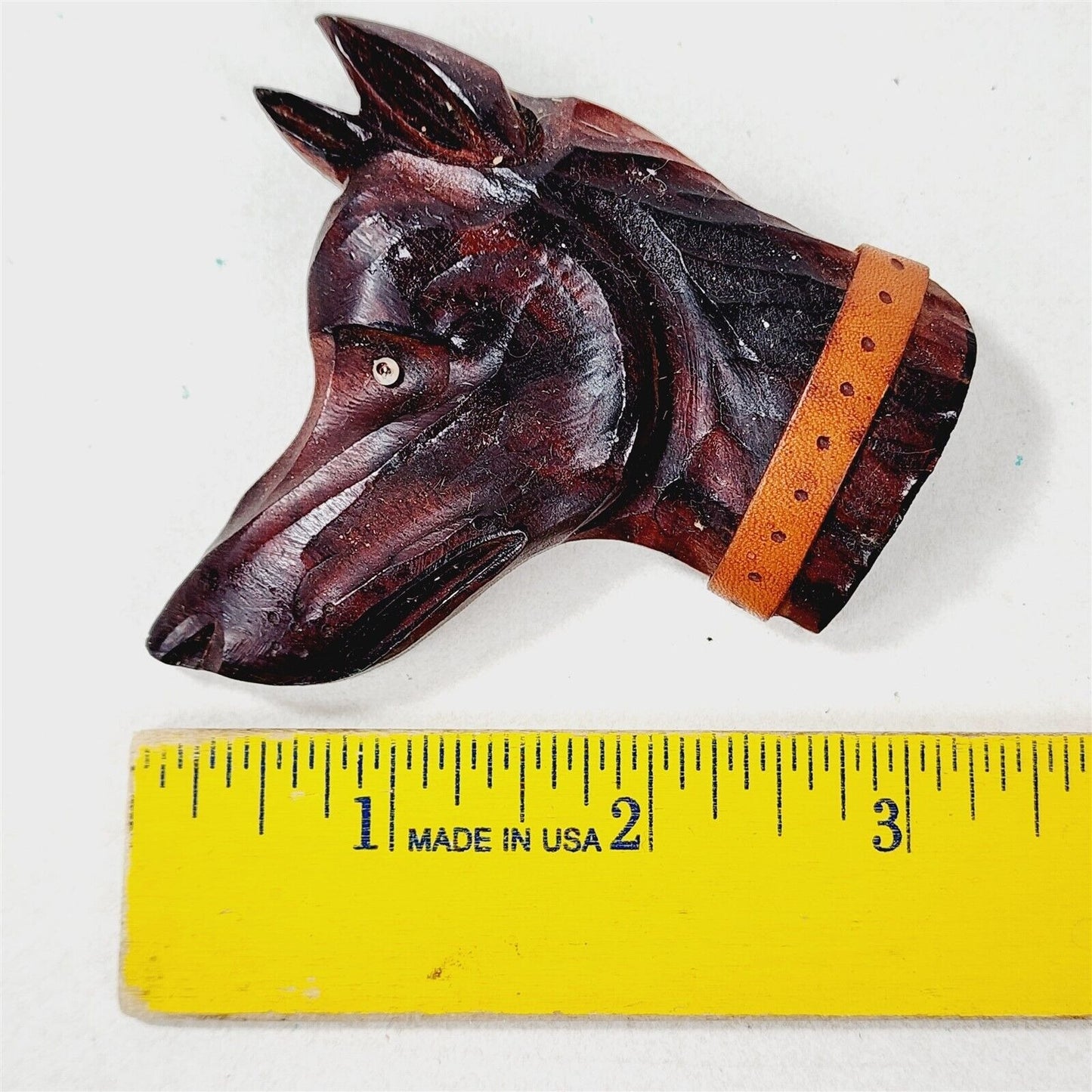 Vintage Carved Wood Dog Head Brooch Leather Collar - 3"