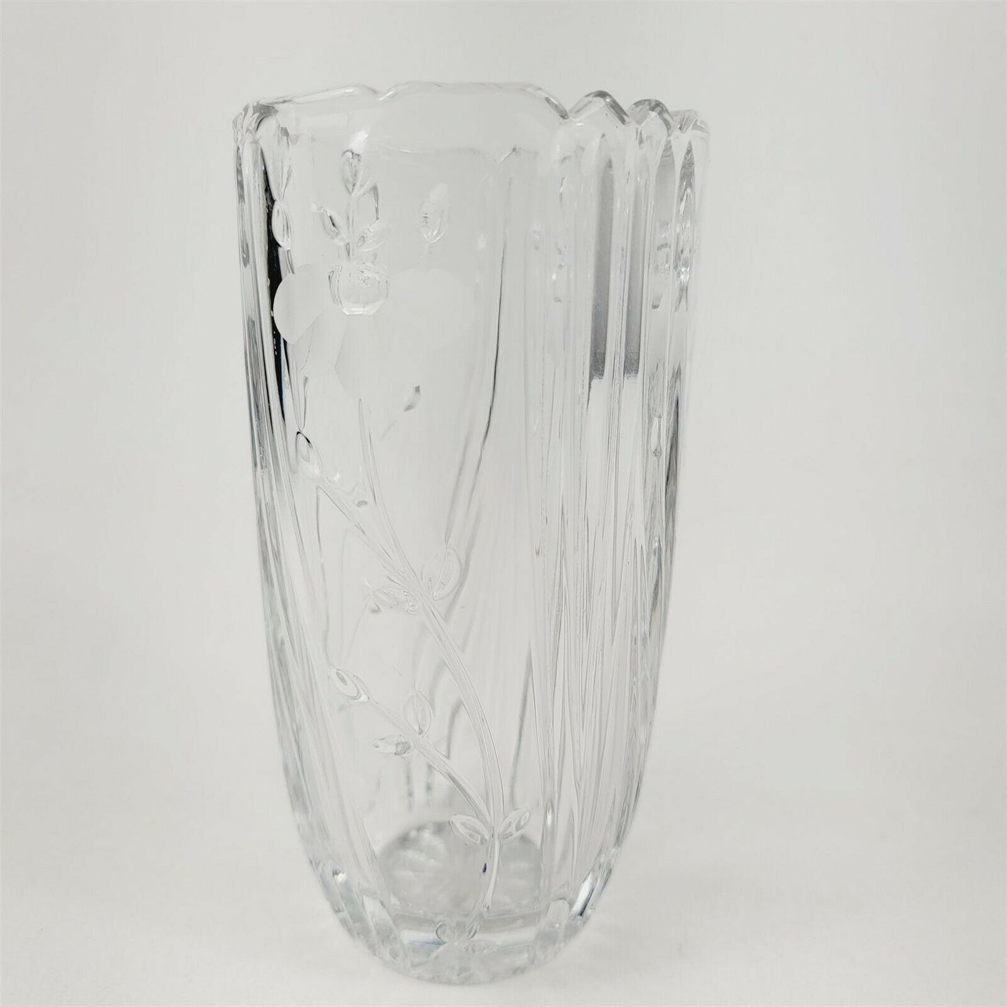 Vintage Floral Etched Frosted Crystal Vase 6.5"