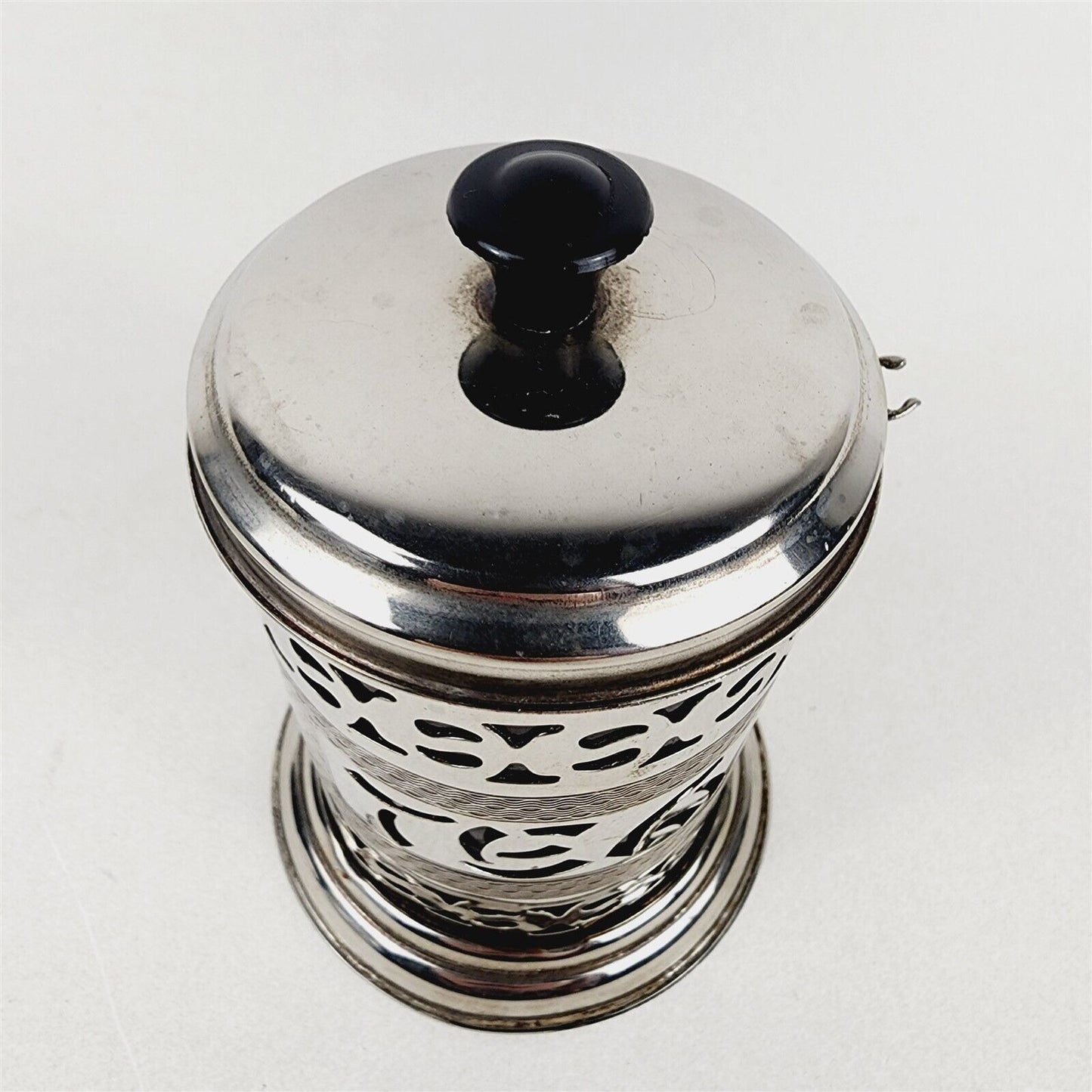 Vintage Pierced Metal Tea Caddy Art Deco Oriental Black Insert - No Spoon