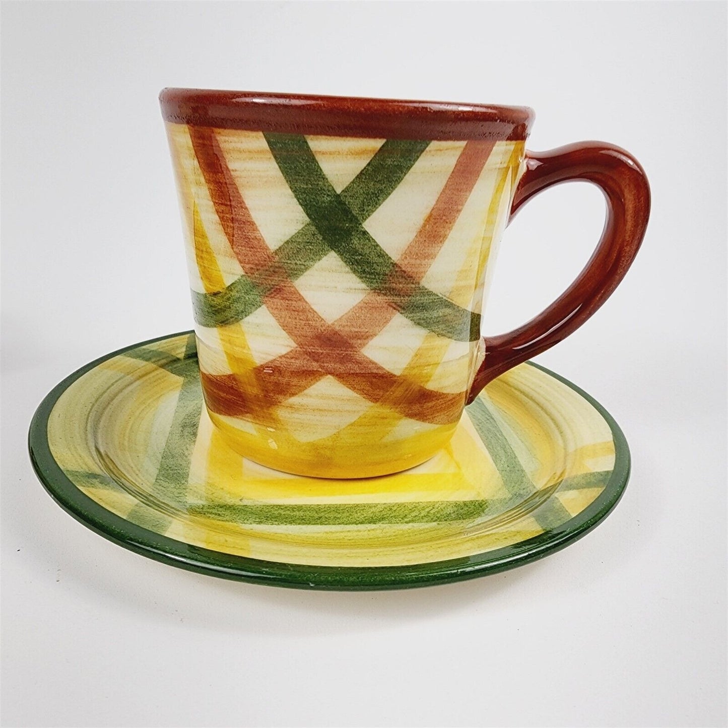 4 Piece Vernonware Gingham Organdie Yellow Brown Green 2 Cups 2 Plates