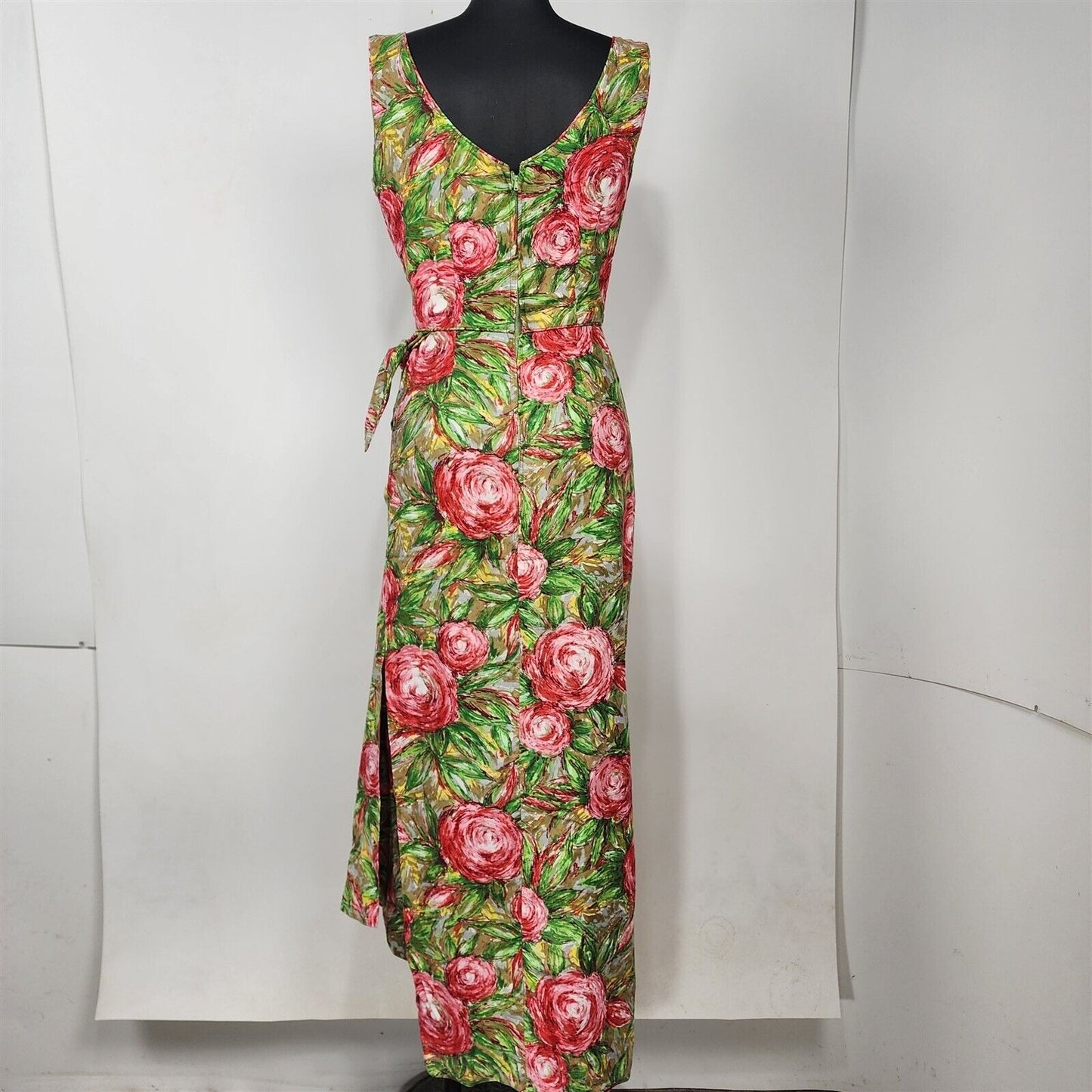 Vintage 1970s Tori Richard Honolulu Green & Pink Floral Hawaiian Maxi Wrap Dress