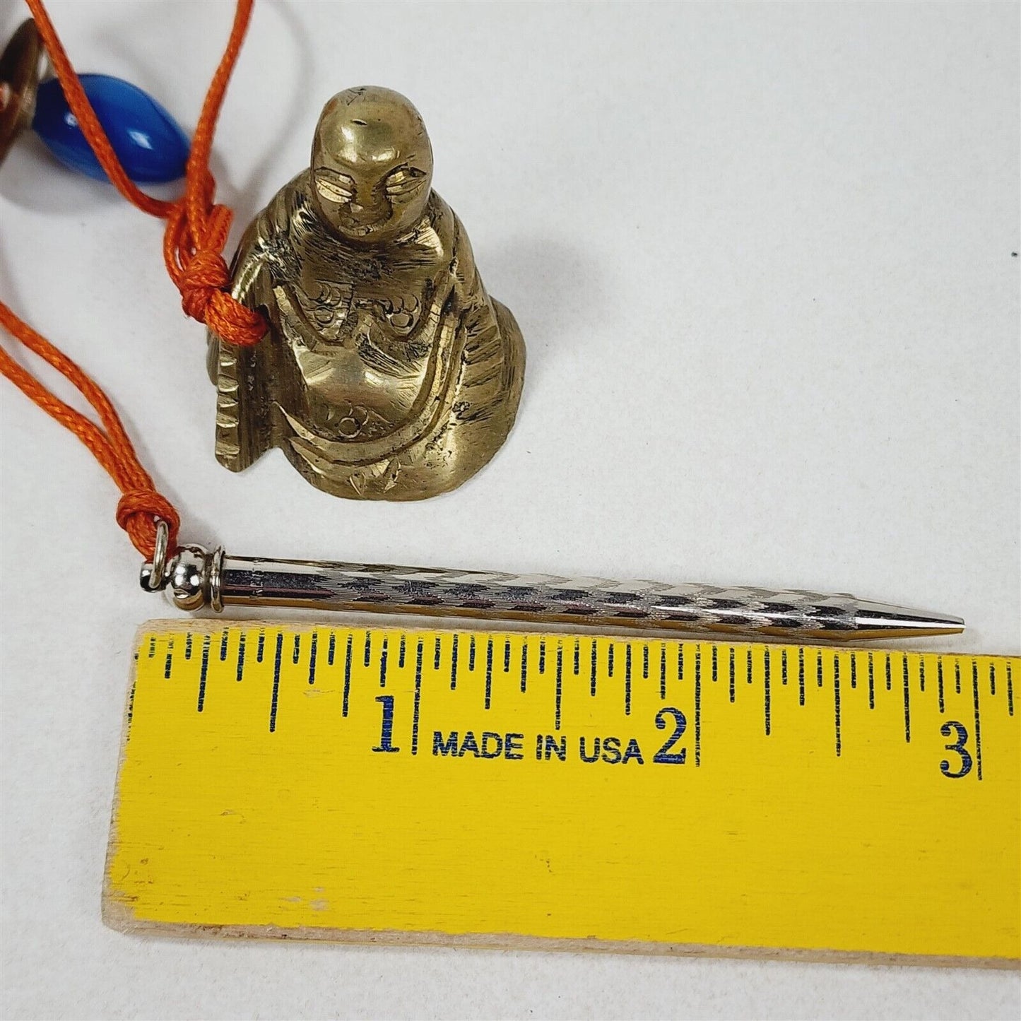 2 Vintage Buddha Brass w/ Adjustable Pencils Charm Beads Coin Tassels - 3" long