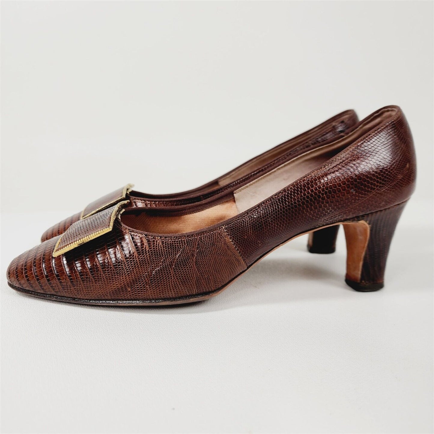 Vintage Foot Flairs Brown Reptile Leather Heels Shoes Size 6.5/7