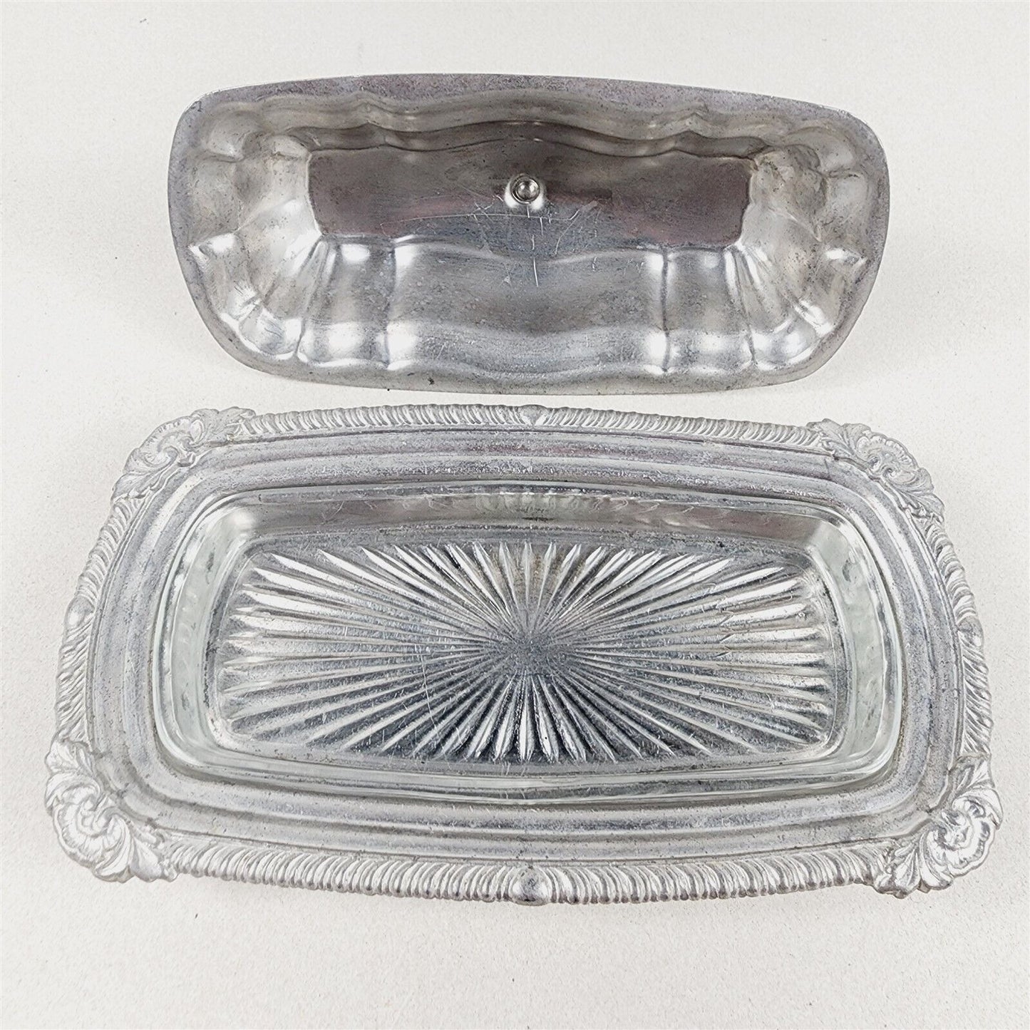 Vintage Aluminum Covered Butter Dish Rose Flower Glass Insert Tray