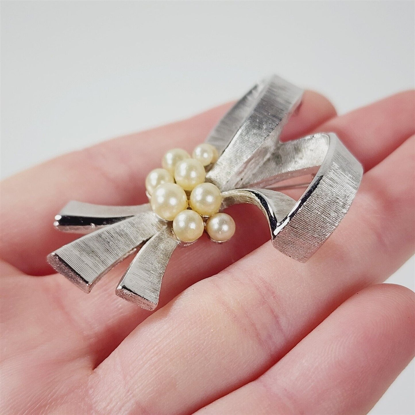 Vintage Trifari Silver Tone Faux Pearl Ribbon Bow Brooch Pin