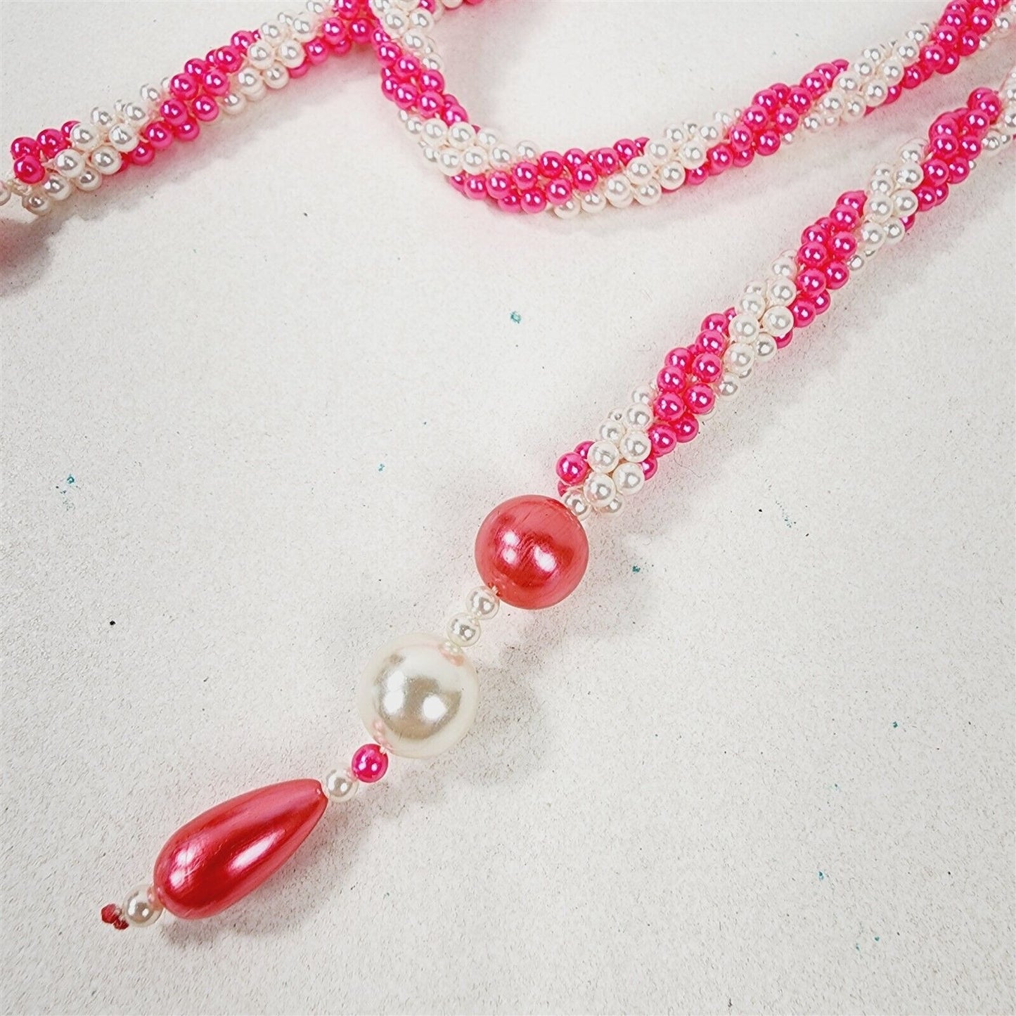 Vintage Pink & White Faux Pearl Beaded Twist Long Lariat Necklace 57"