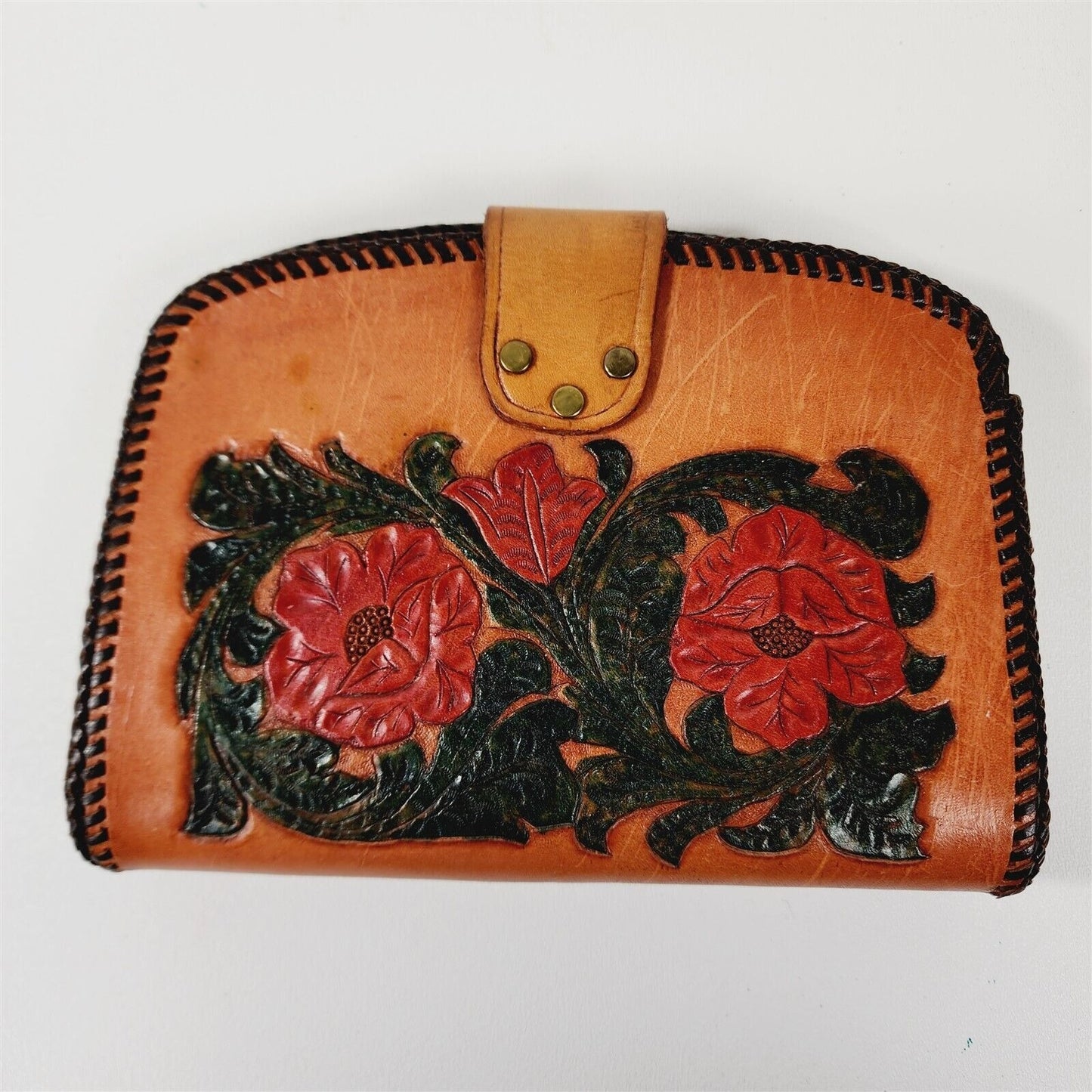 Vintage Tooled Leather Floral Laced Edge Clutch Purse Red Roses