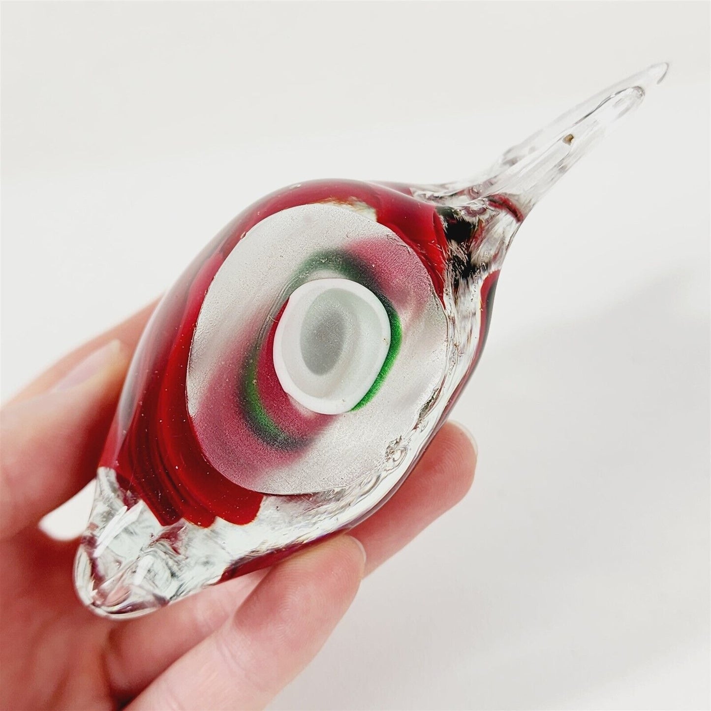 Vintage Glass Fish Shaped Paperweight Red Green White - 4.5" x 3.5"