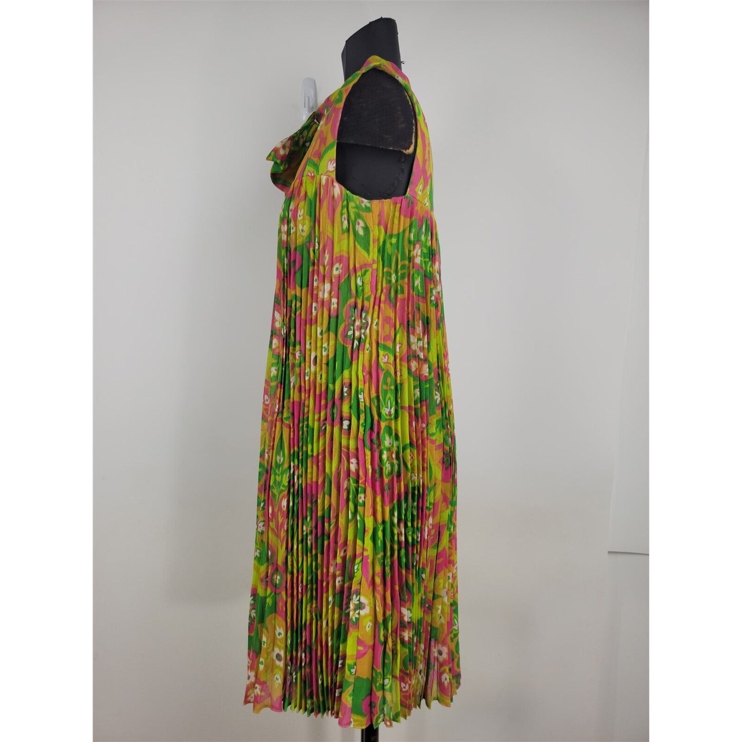 Vintage 1970s Junior Accent Frank Adams Sleeveless Floral Pleated Dress Womens S