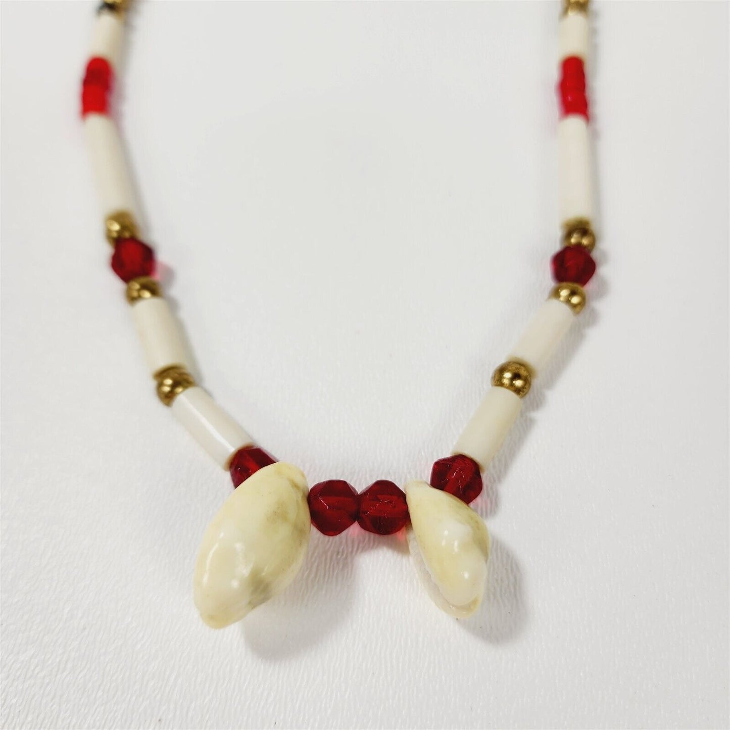 Vintage Leather Tie Bone Seashell Red Glass Beaded Necklace Native American