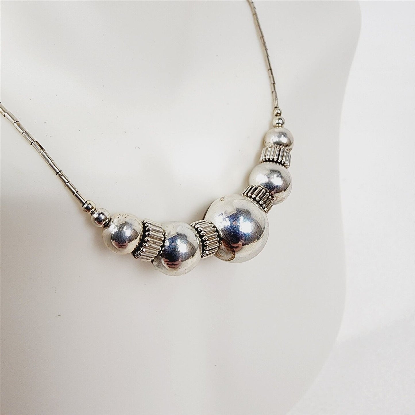 Vintage Sterling Silver Tube Bead Ball Minimalist Modernist Necklace - 16"