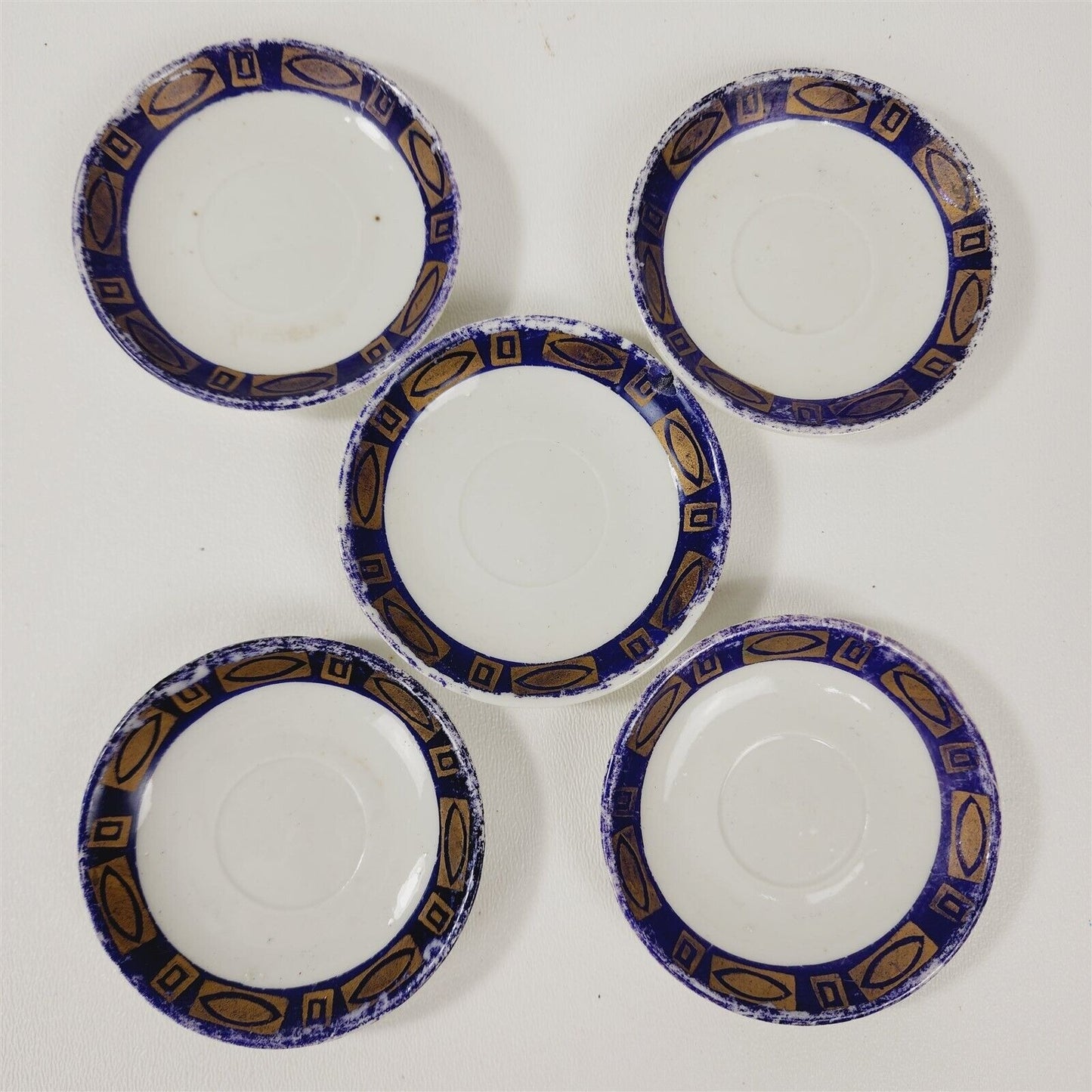 Vintage 10 Piece Ceramic Childs Tea Set Cups Plates Blue Gold & White