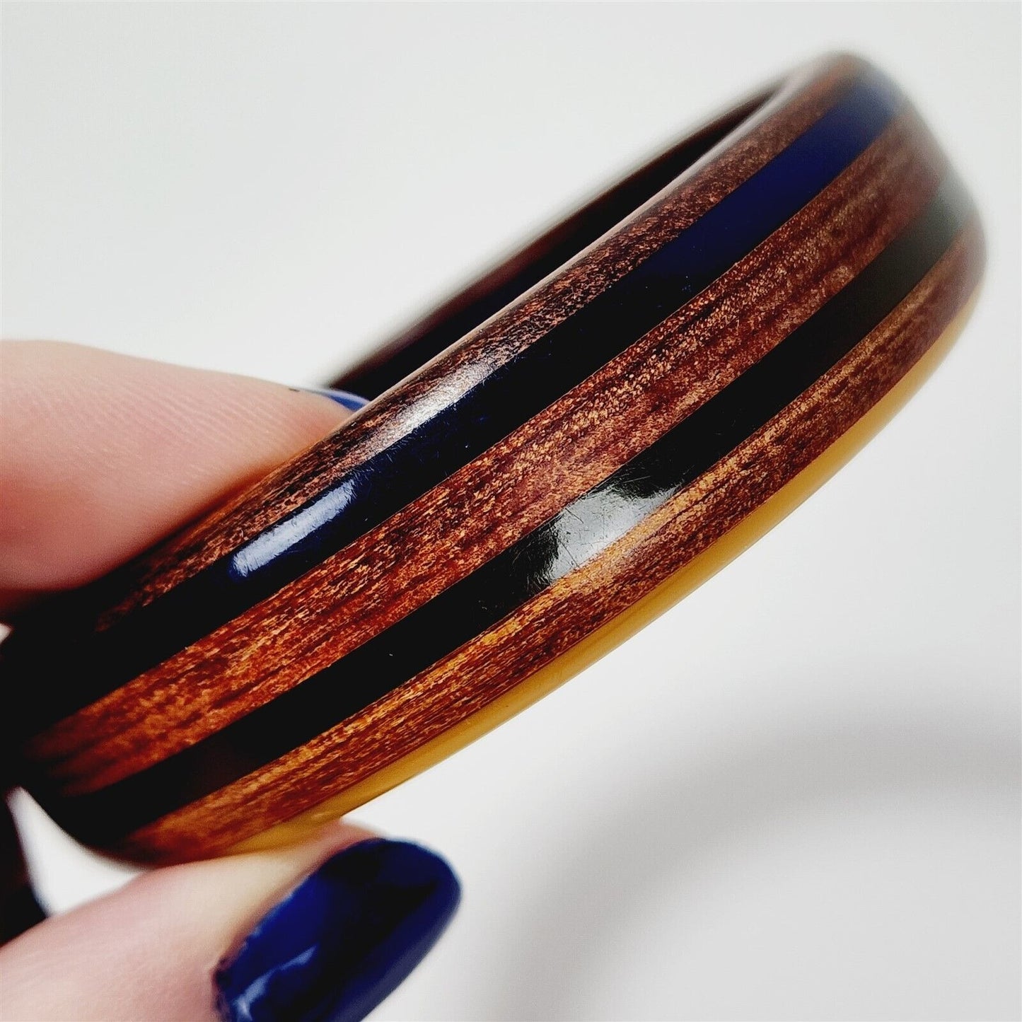 Vintage Yellow Blue Green Bakelite Wood Inlay Bangle Bracelet