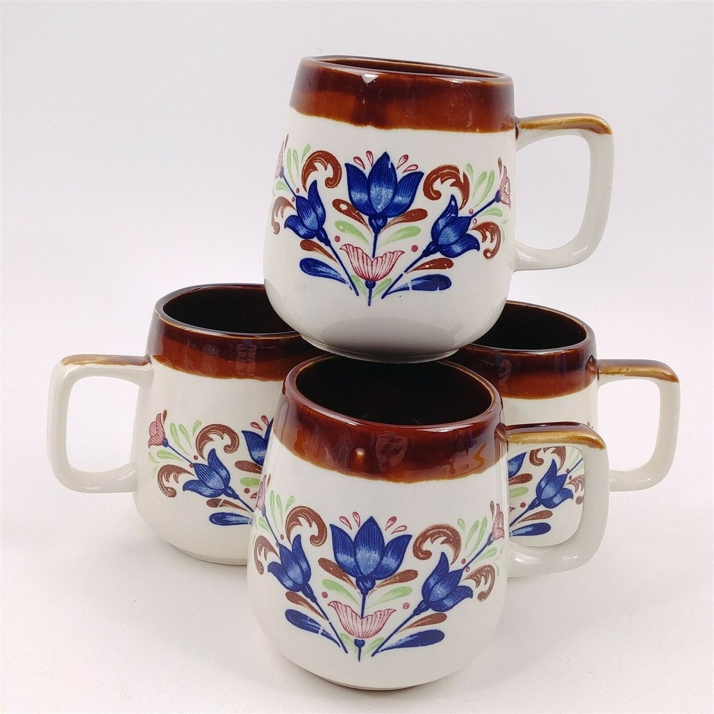 4 Blue Tulip Coffee Mugs Ceramic Cobalt Blue Brown Otagiri Stoneware