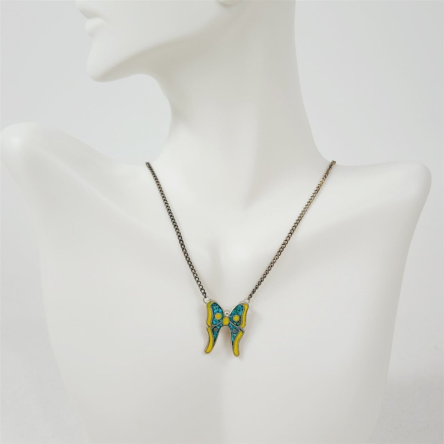 Vintage Butterfly Crushed Turquoise Yellow Enamel Sterling Silver Necklace 16”