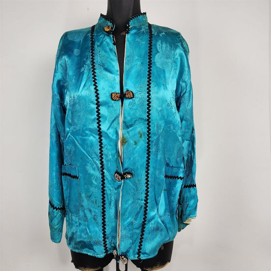 Vintage Asian Bright Blue Mandrin Collar Frog Closure Long Sleeve Shirt - Stains