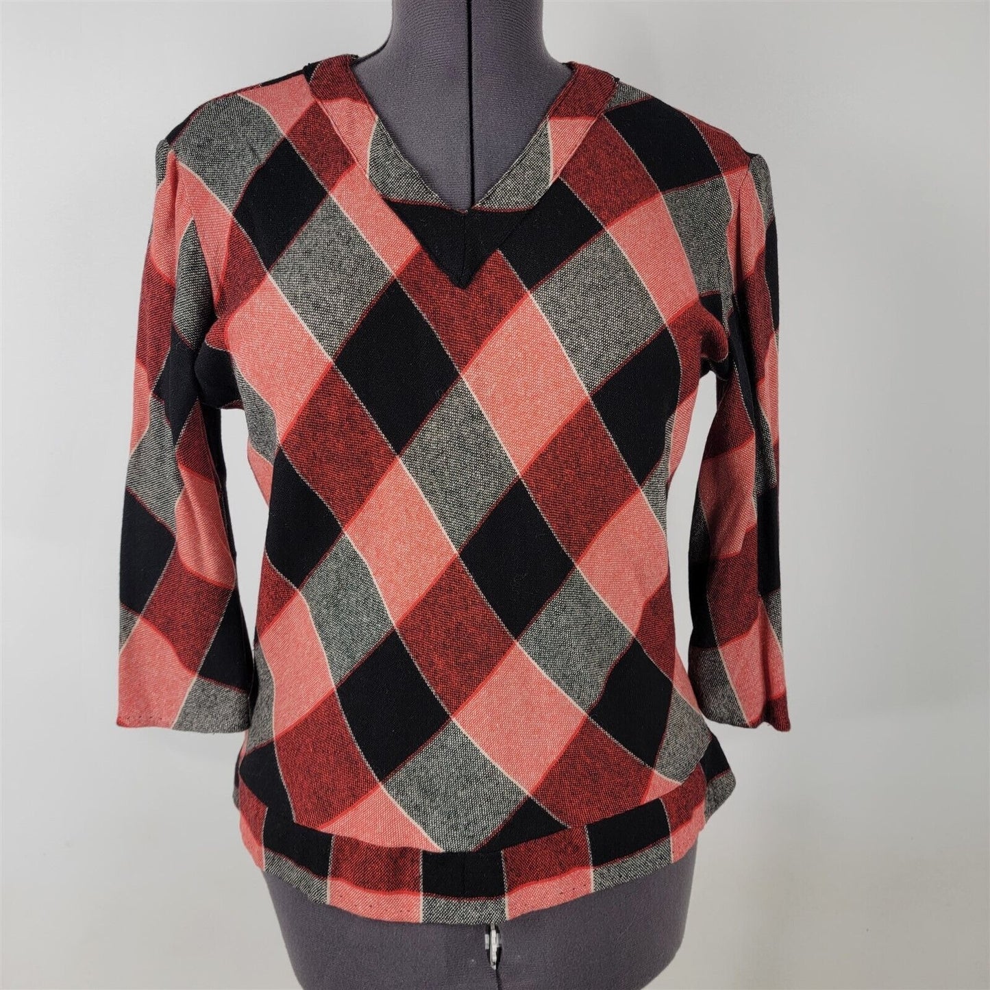 Vintage 1970s Red & Black Plaid Top Blouse Long Sleeve Womens S