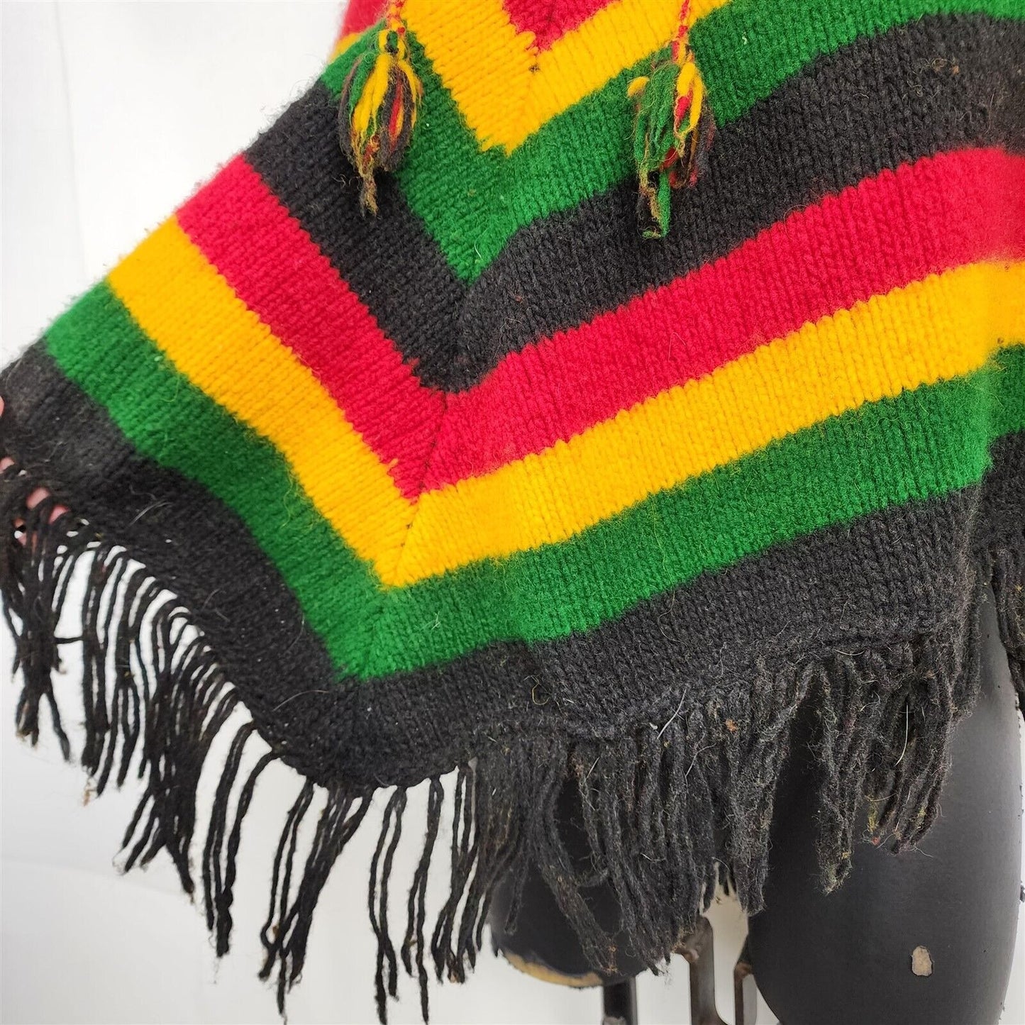 Vintage Red Yellow Green Black Striped Hooded Poncho Fringe Wool Made in Ecuador