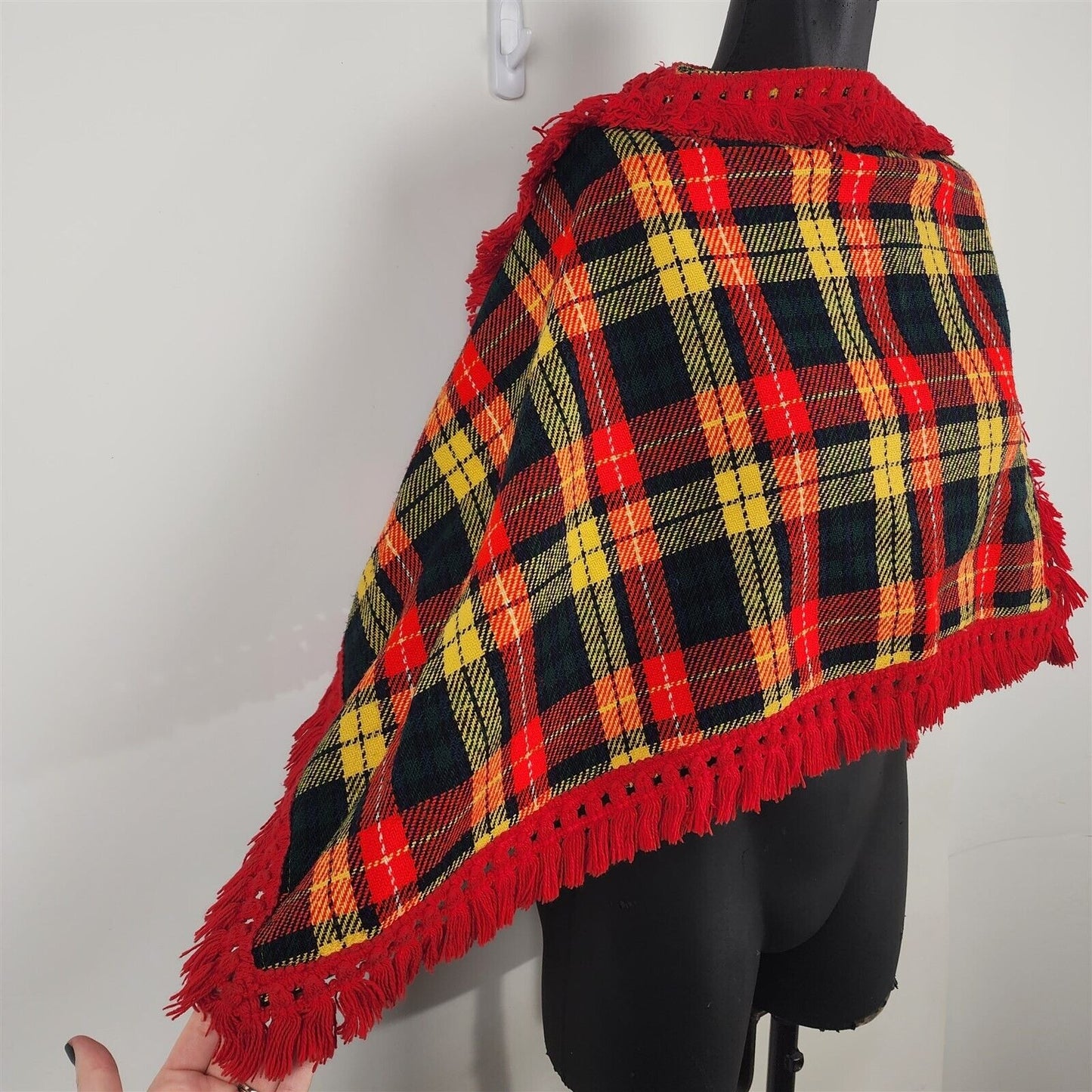 Vintage Handmade Red Yellow Plaid Poncho Cape Womens XS/S