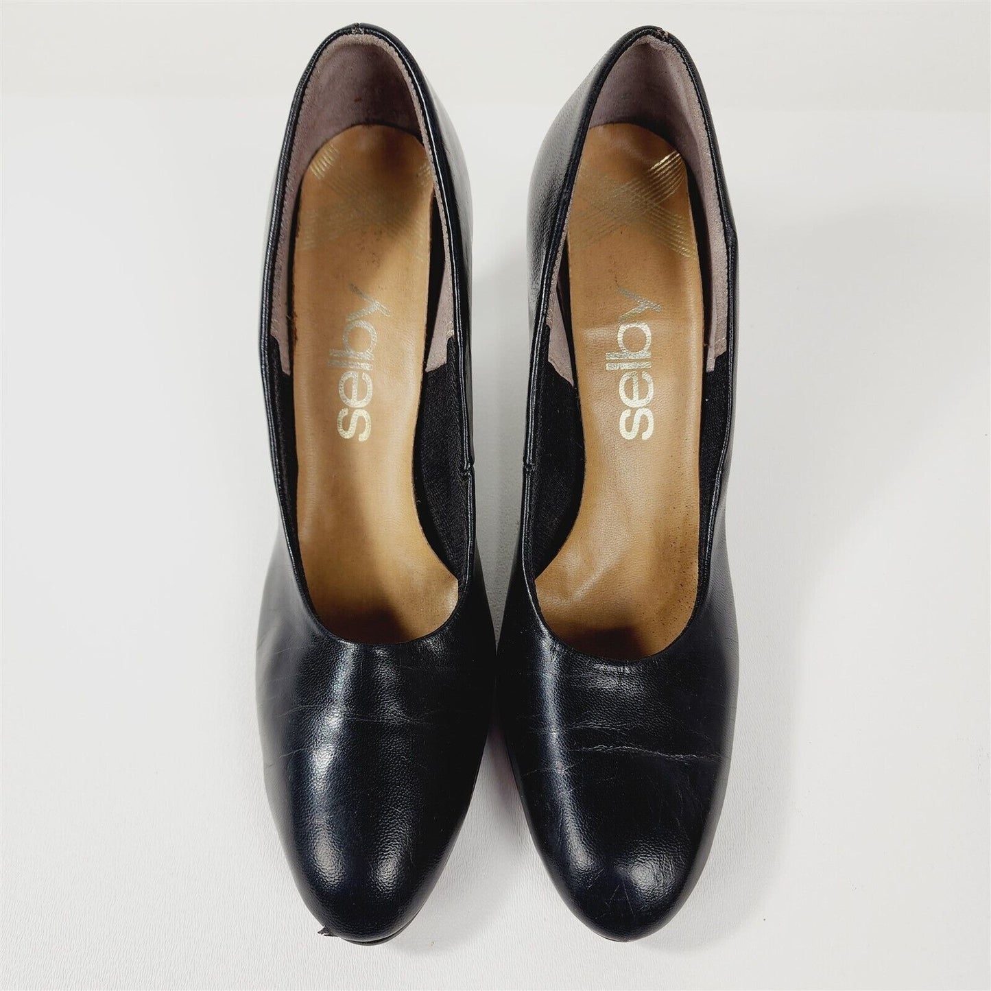 Vintage Selby Black Leather Block Heels Pumps Size 7.5