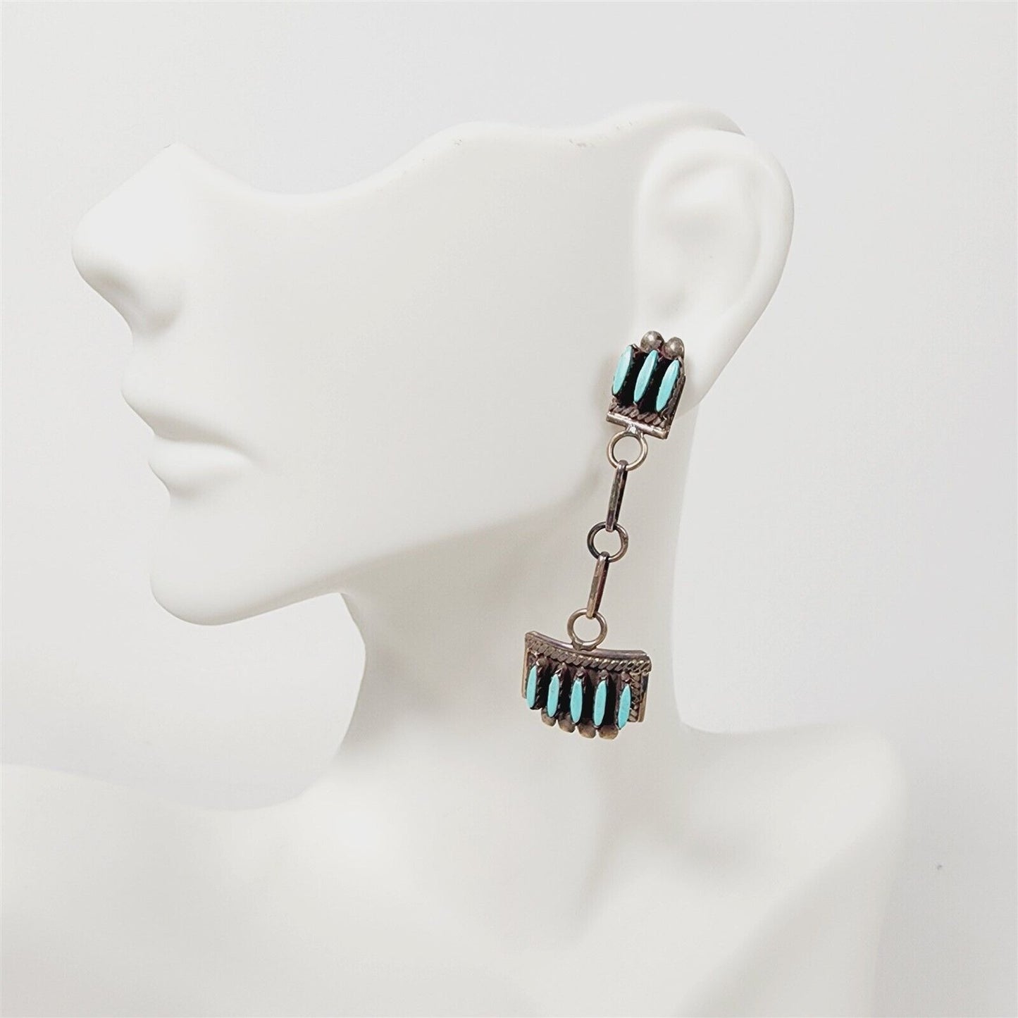 Vintage Native American Zuni Sterling Silver Turquoise Dangle Earrings