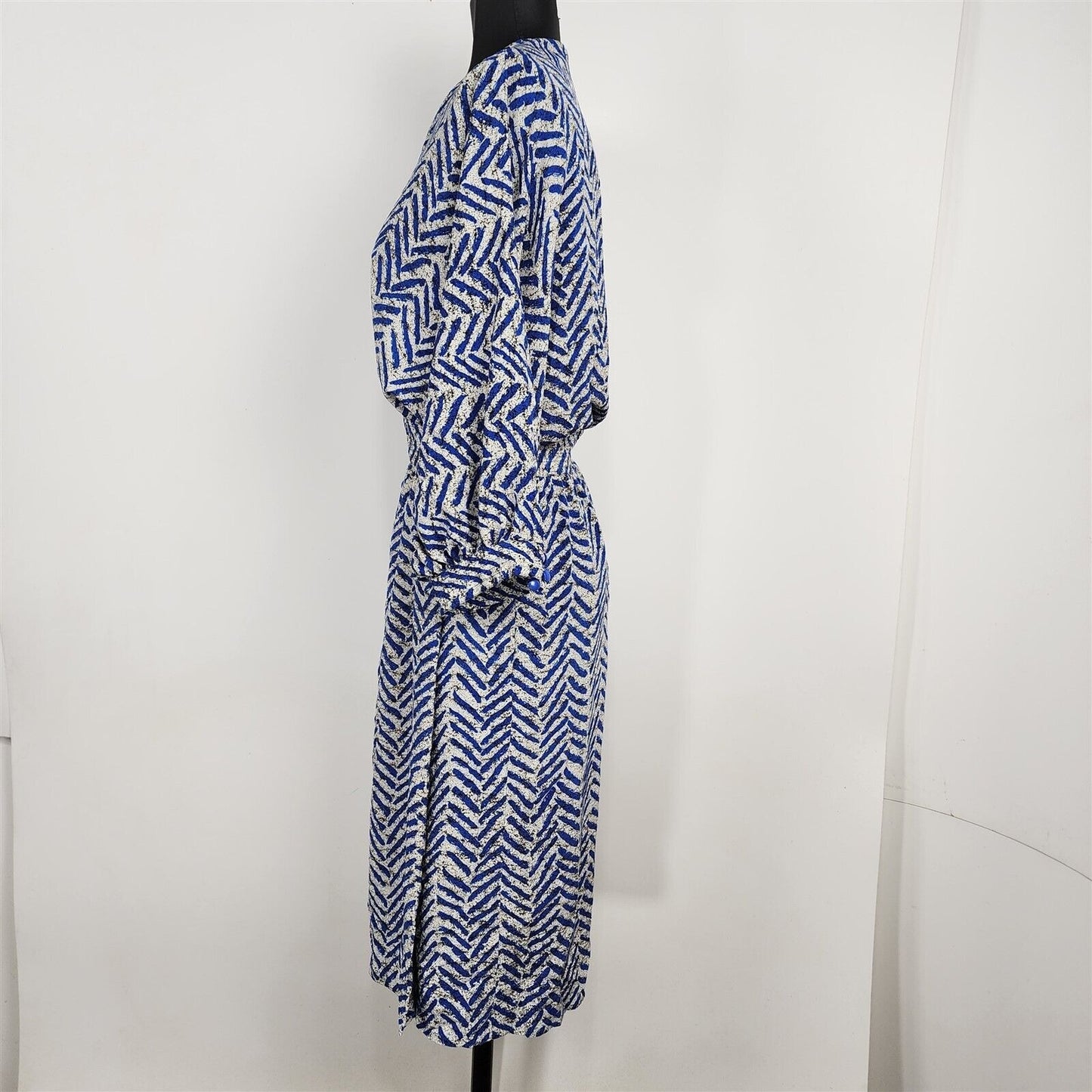 Vintage 1980s-90s Liz Claiborne Blue Zig Zag Wrap Midi Dress Womens S