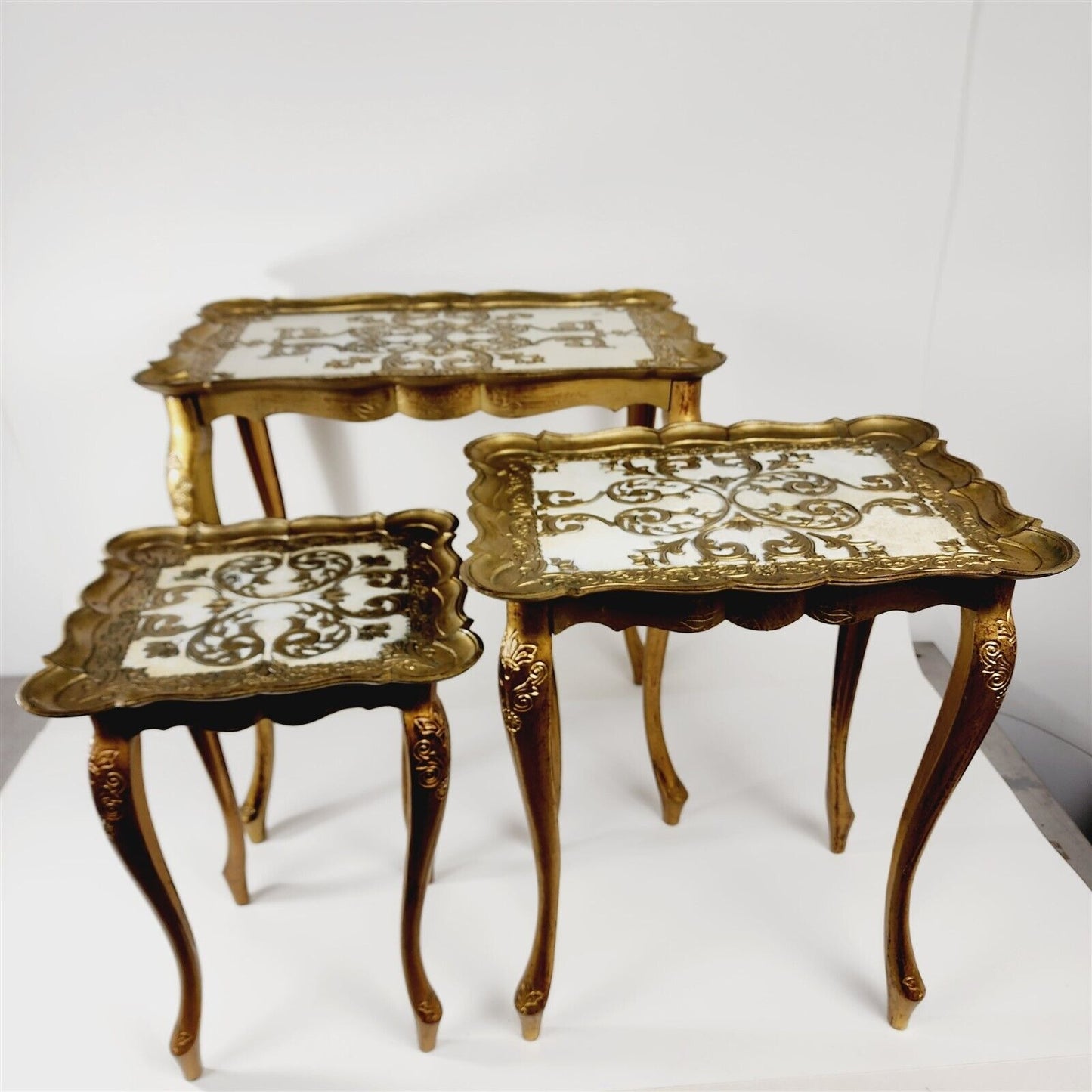 3 Vintage Gold Nesting Tables Hollywood Regency Florentine Italy MCM