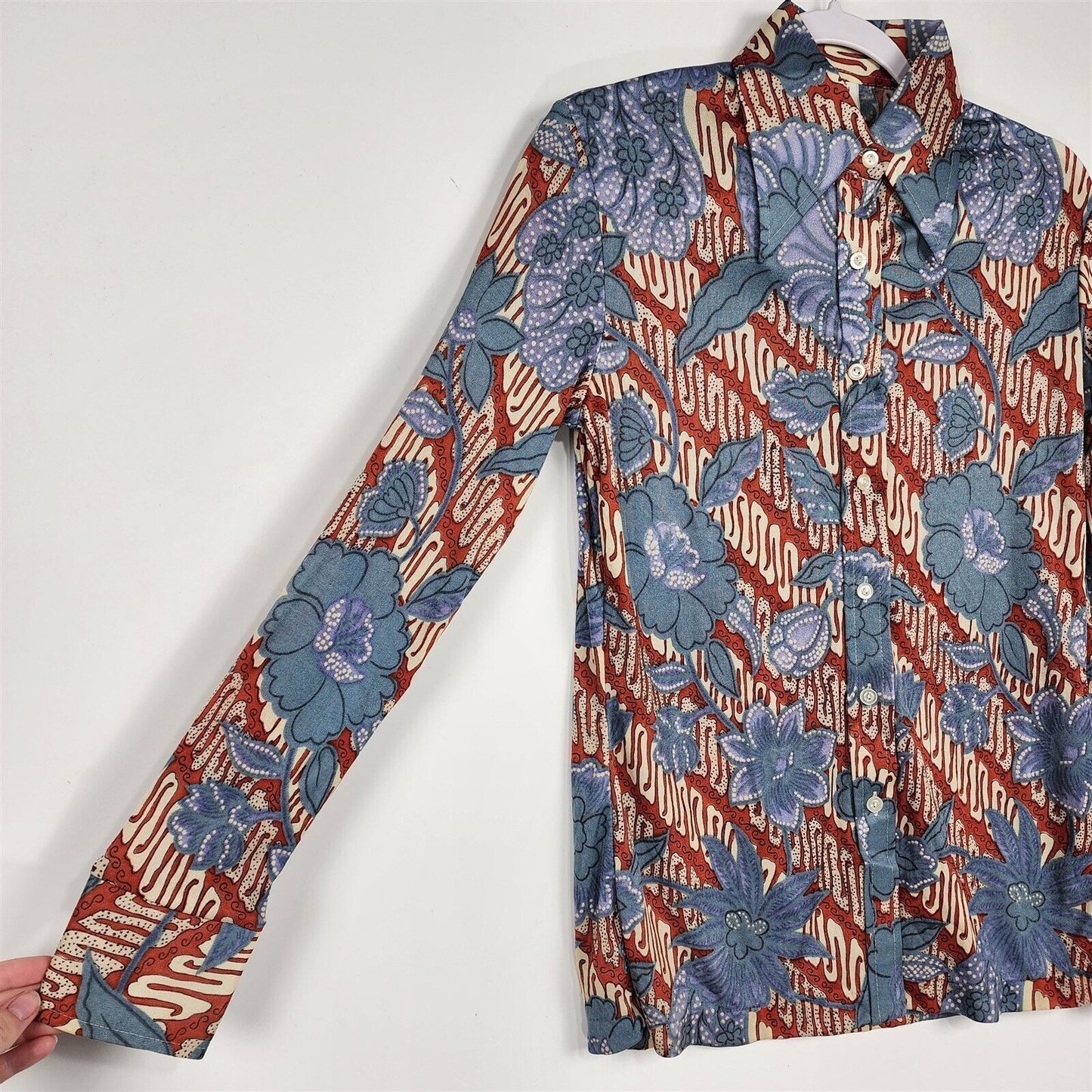 Vintage 1960s-70s Blue & Orange Floral Nylon Disco Shirt Mens 34