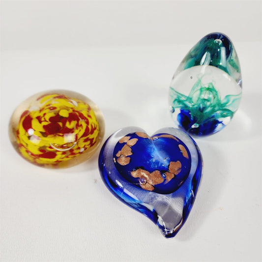 3 Vintage Glass Paperweights Egg Heart Shape Signed Blue Yellow Red