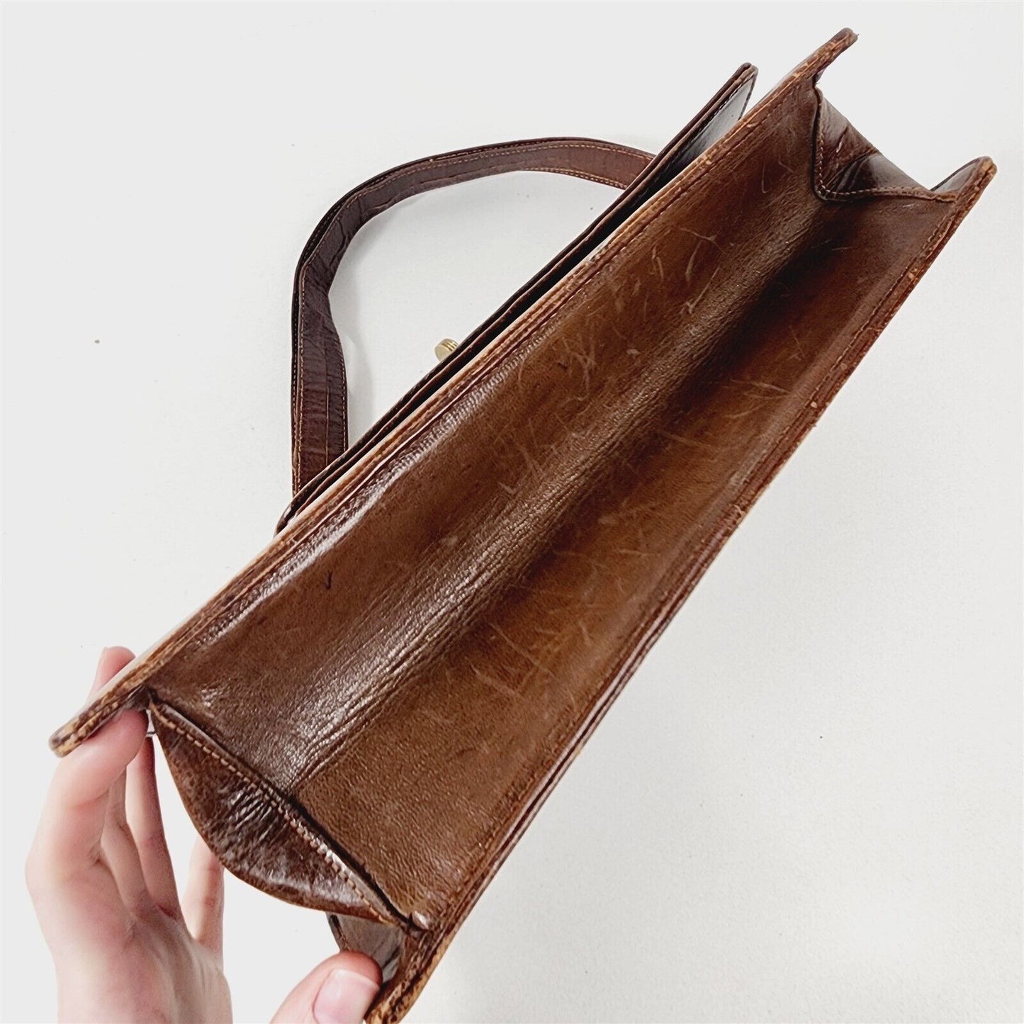 Vintage Leather Hand Tooled Laced Purse Dark Brown Floral Adjustable Strap