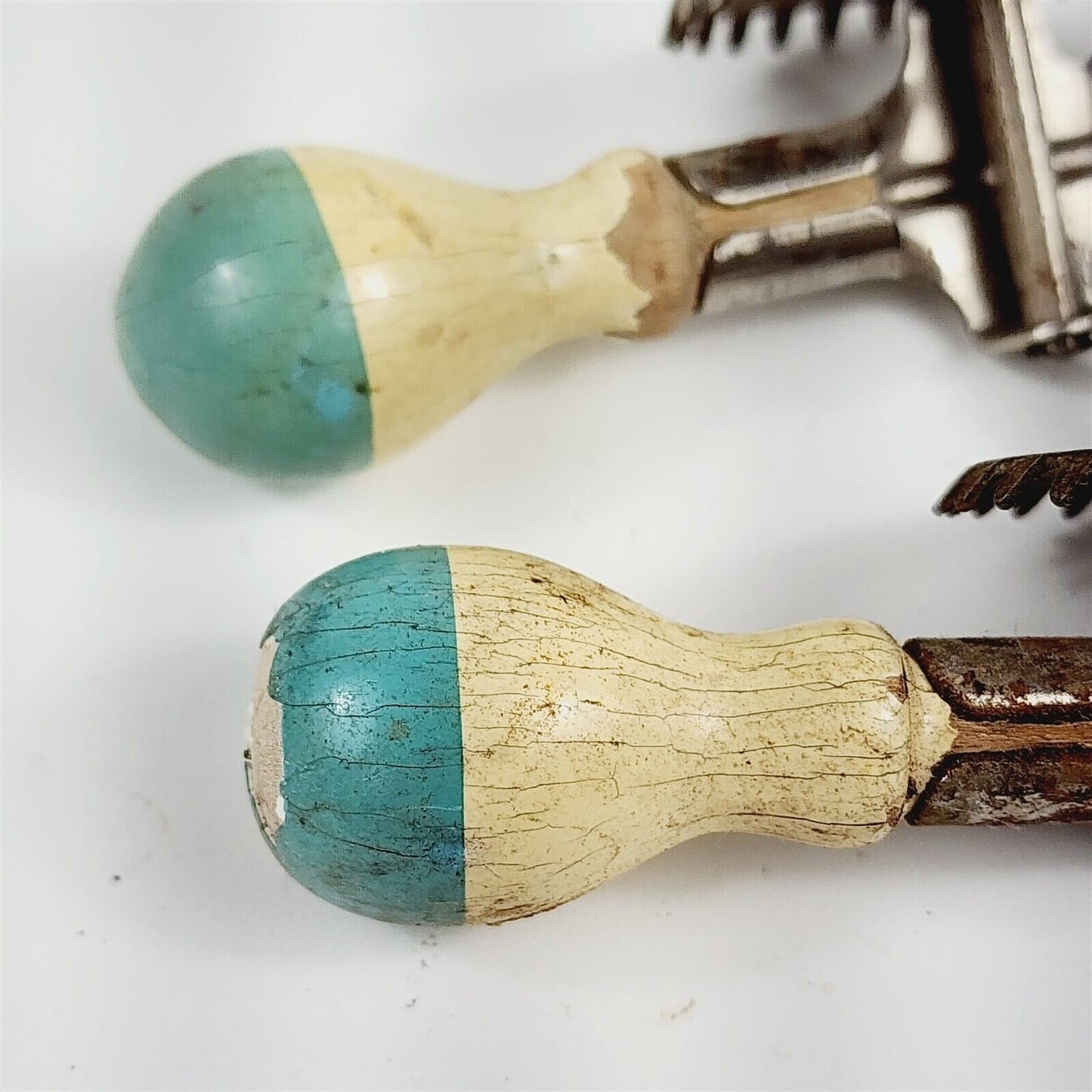 2 Vintage No. 68 A&J Small Mini Hand Mixer Egg Beaters Blue White Wood Handles