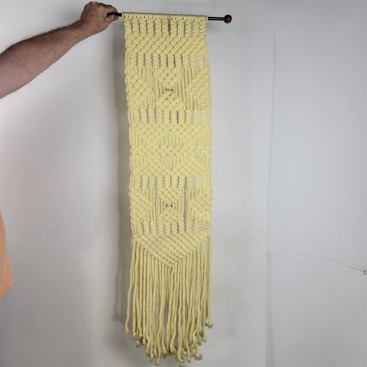 Vintage Handmade Macrame Wall Hanging Yellow Butterfly 55" Long