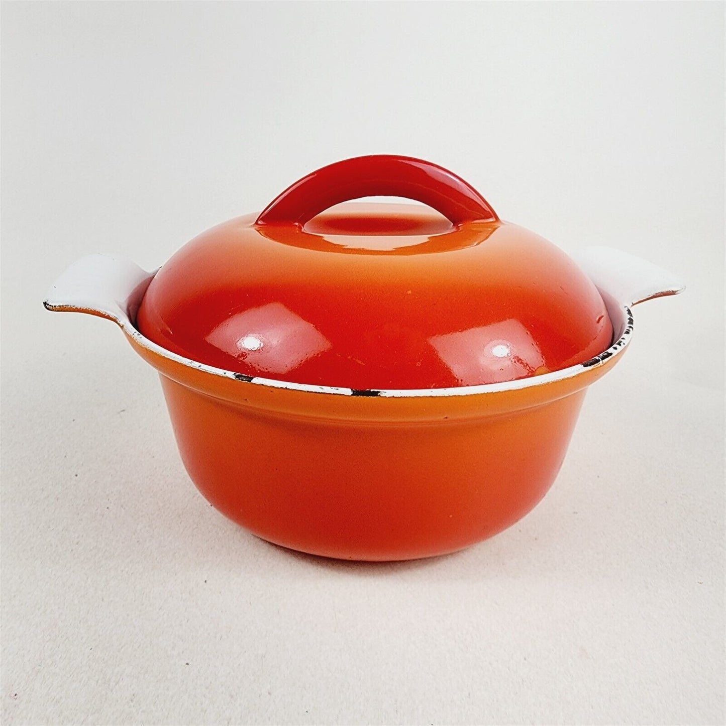 Vintage Descoware Cast Iron Enamel Orange Flame Small Pan w/ Lid Belgium 6 1/2"