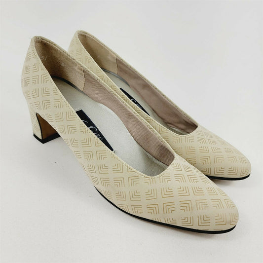 Selby Vintage Block Heel Shoes Cream Geometric Womens Size 5.5