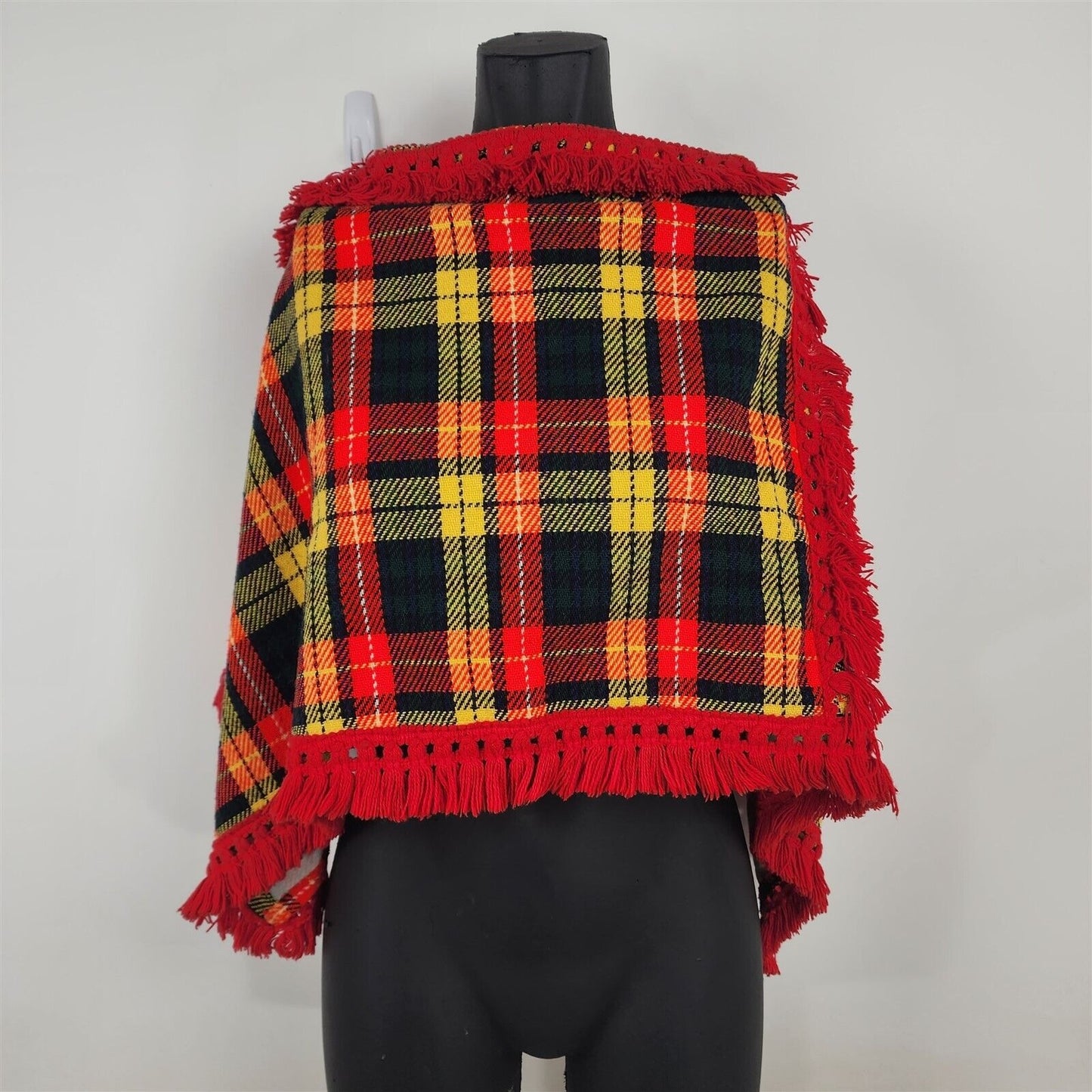 Vintage Handmade Red Yellow Plaid Poncho Cape Womens XS/S